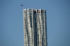 12-3 New York Financial District Helicopter Flying Over New York by Gehry From Brooklyn Heights